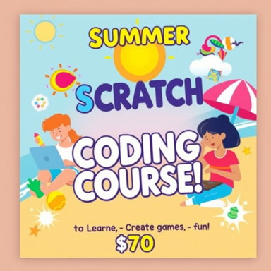 An engaging and colorful poster design for a summer Scratch programming ...