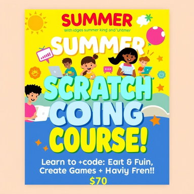 An engaging and colorful poster design for a summer Scratch programming ...