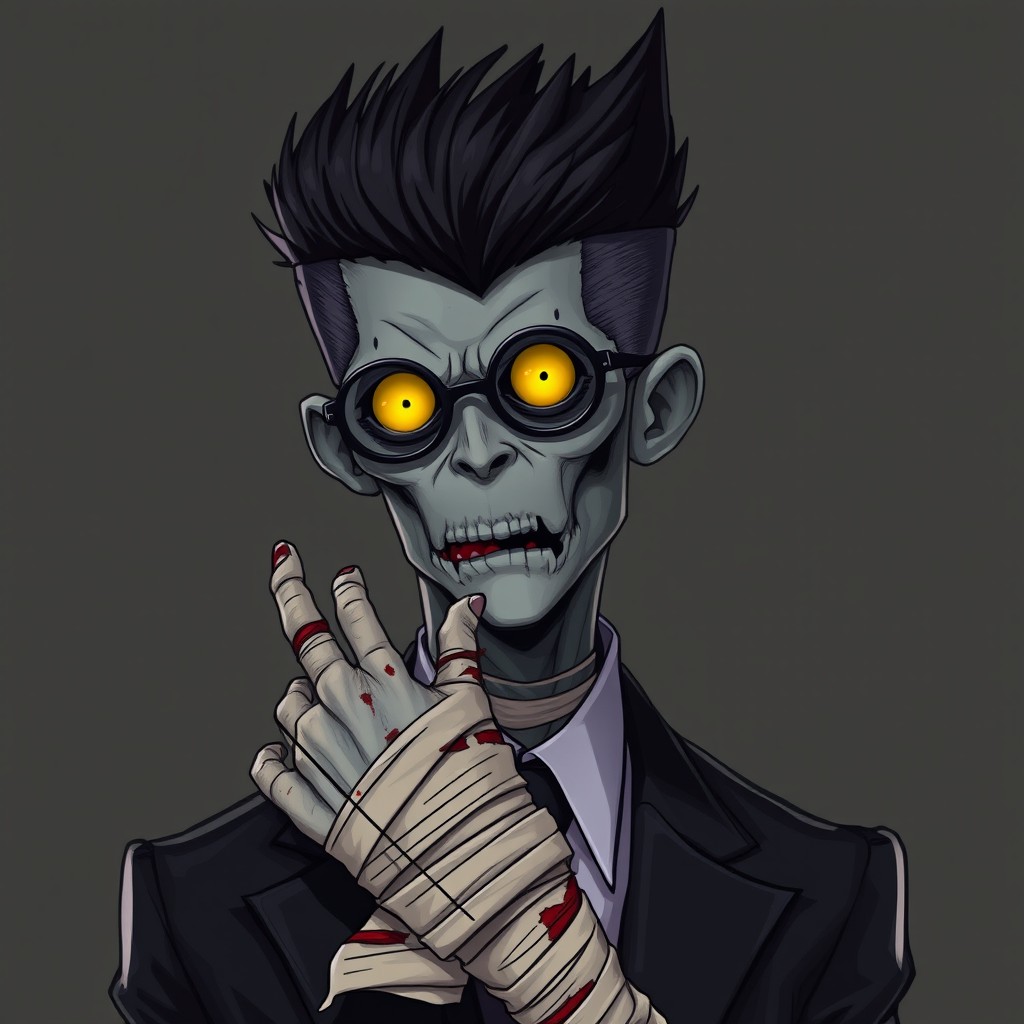 A striking zombie character with a distinct black wolf cut hairstyle, wearing black round glasses that emphasize his eerie yellow eyes