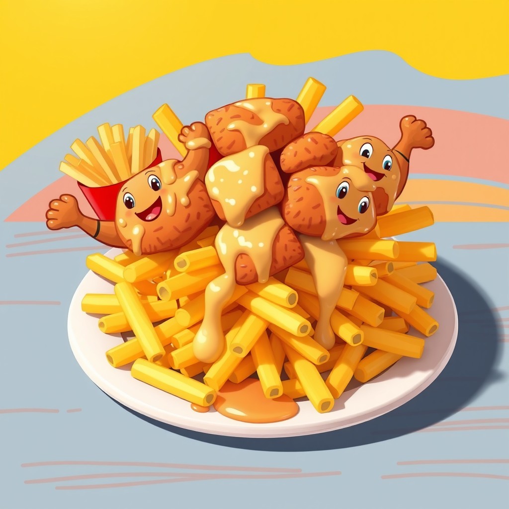 A delicious animated scene featuring golden, crispy French fries topped with succulent pieces of chicken, drizzled with a rich, creamy sauce