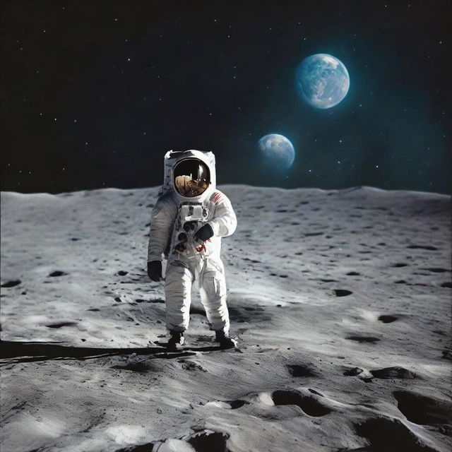 A man standing on the moon's surface, holding a miniature version of Earth in his hands, surrounded by the vast expanse of the cosmos.