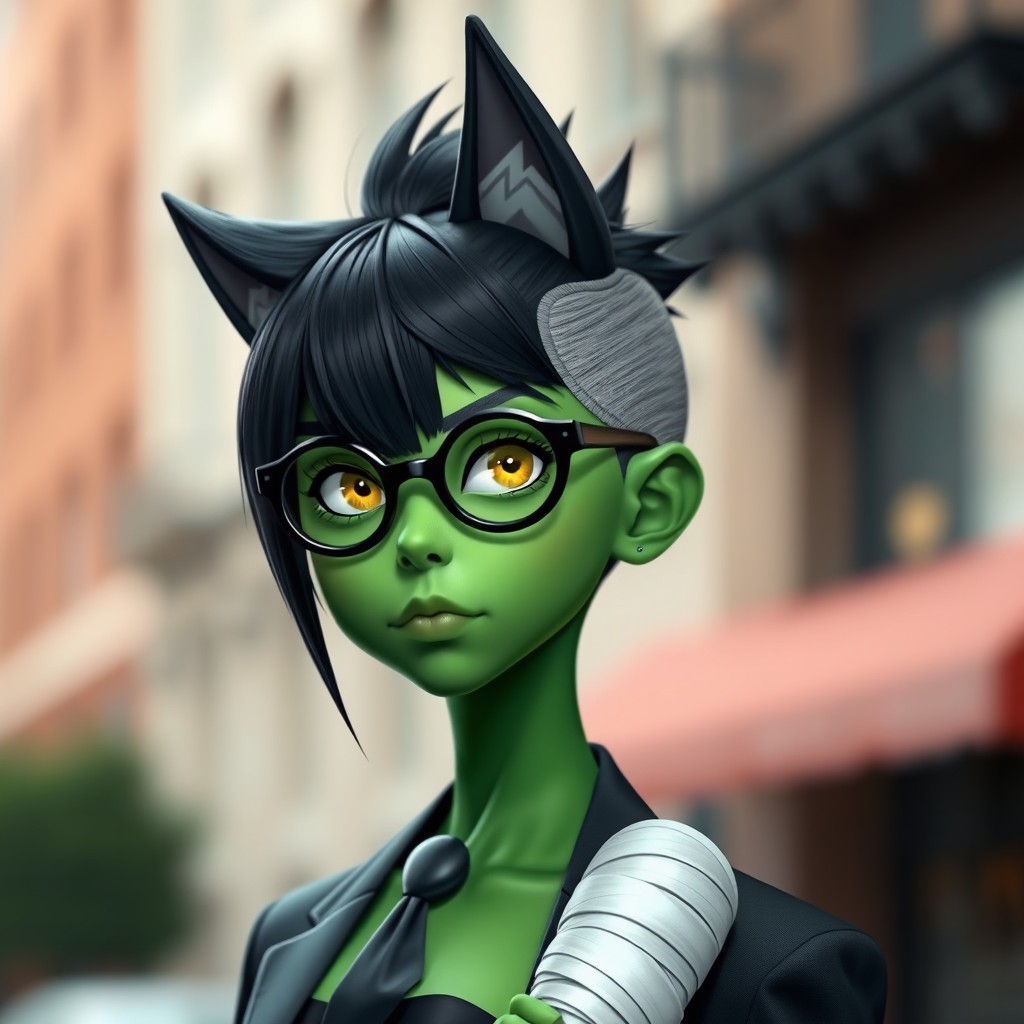 A green-skinned girl with a striking appearance, featuring a stylish black wolfcut hairstyle