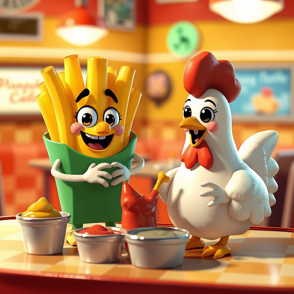 A whimsical and playful scene featuring anthropomorphic French fries and a chicken character, both smiling and interacting in a cozy diner setting