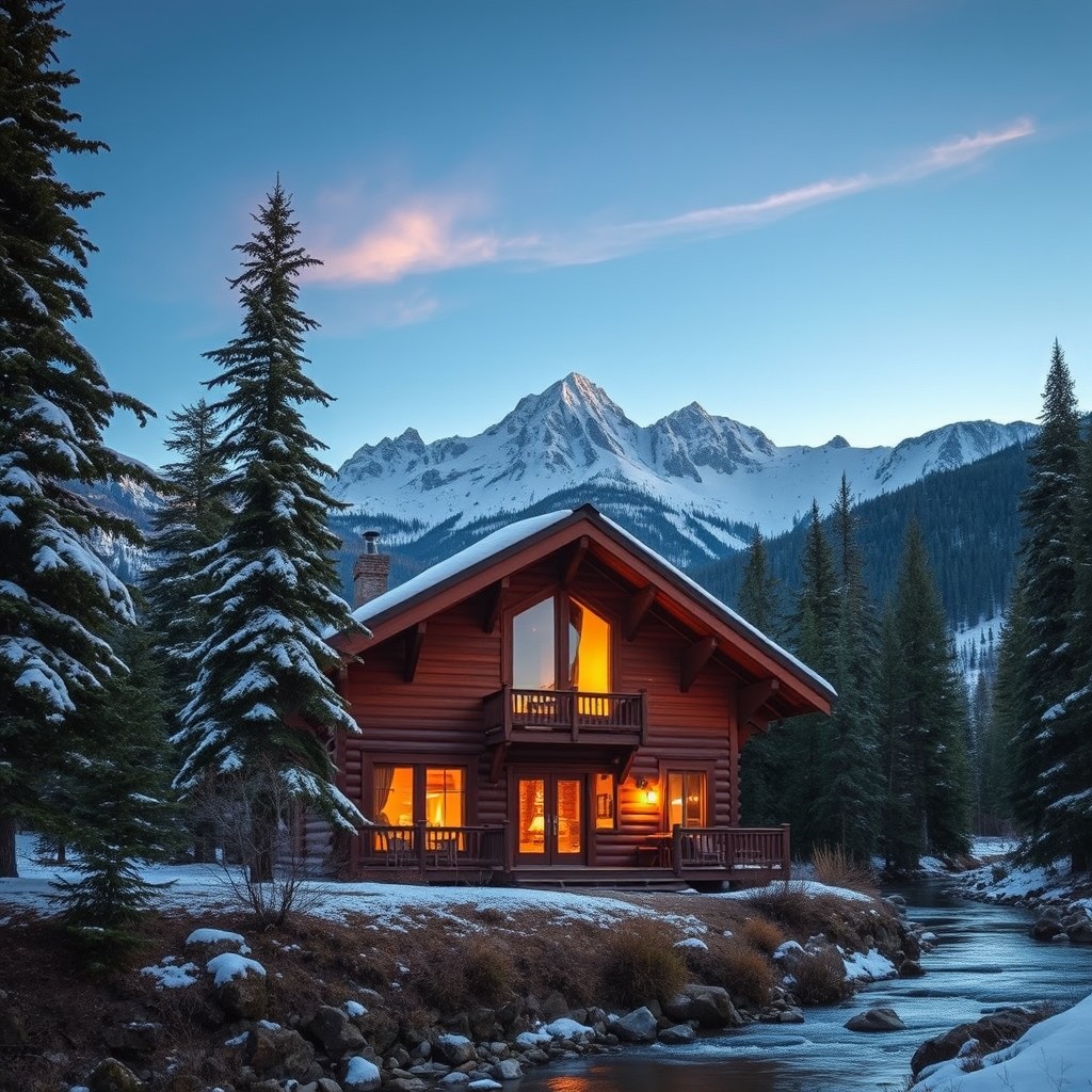 A cozy mountain chalet nestled in a breathtaking mountainous landscape, surrounded by tall evergreen trees and a clear blue sky