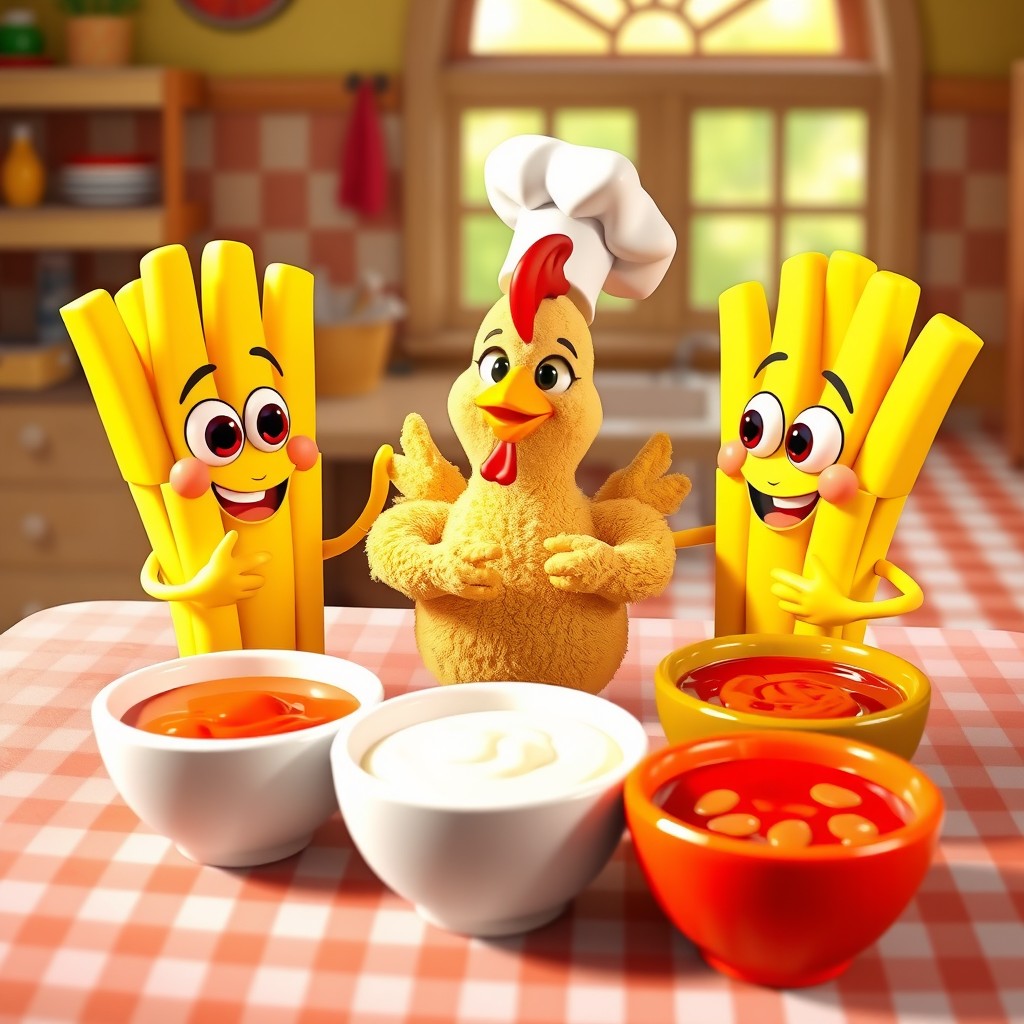 A playful scene featuring animated anthropomorphic French fries, happily talking and interacting with a friendly animated chicken character, all of them surrounded by colorful dipping sauces in vibrant bowls