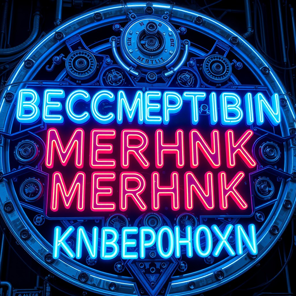 A glowing neon sign in cyber anime style featuring the text 'BECCMEPTHBIN MERHNK KNBEPOHOXN'