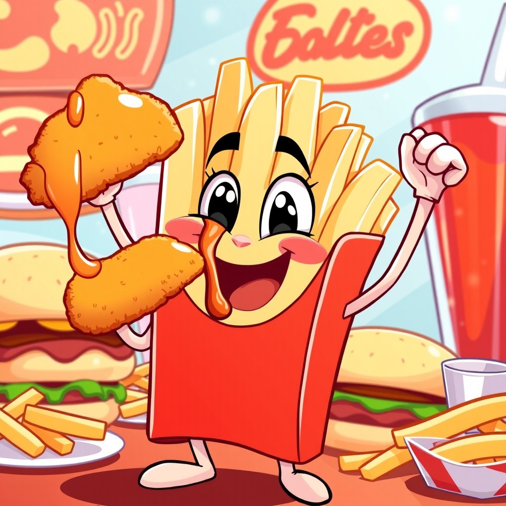 A cartoon-style illustration featuring a friendly animated character made of French fries, joyfully holding a piece of crispy chicken in one hand while drizzling a delicious sauce over it with the other hand
