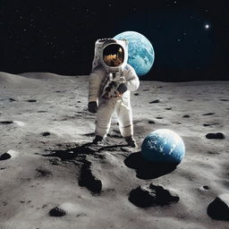 A man standing on the moon's surface, holding a miniature version of Earth in his hands, surrounded by the vast expanse of the cosmos.