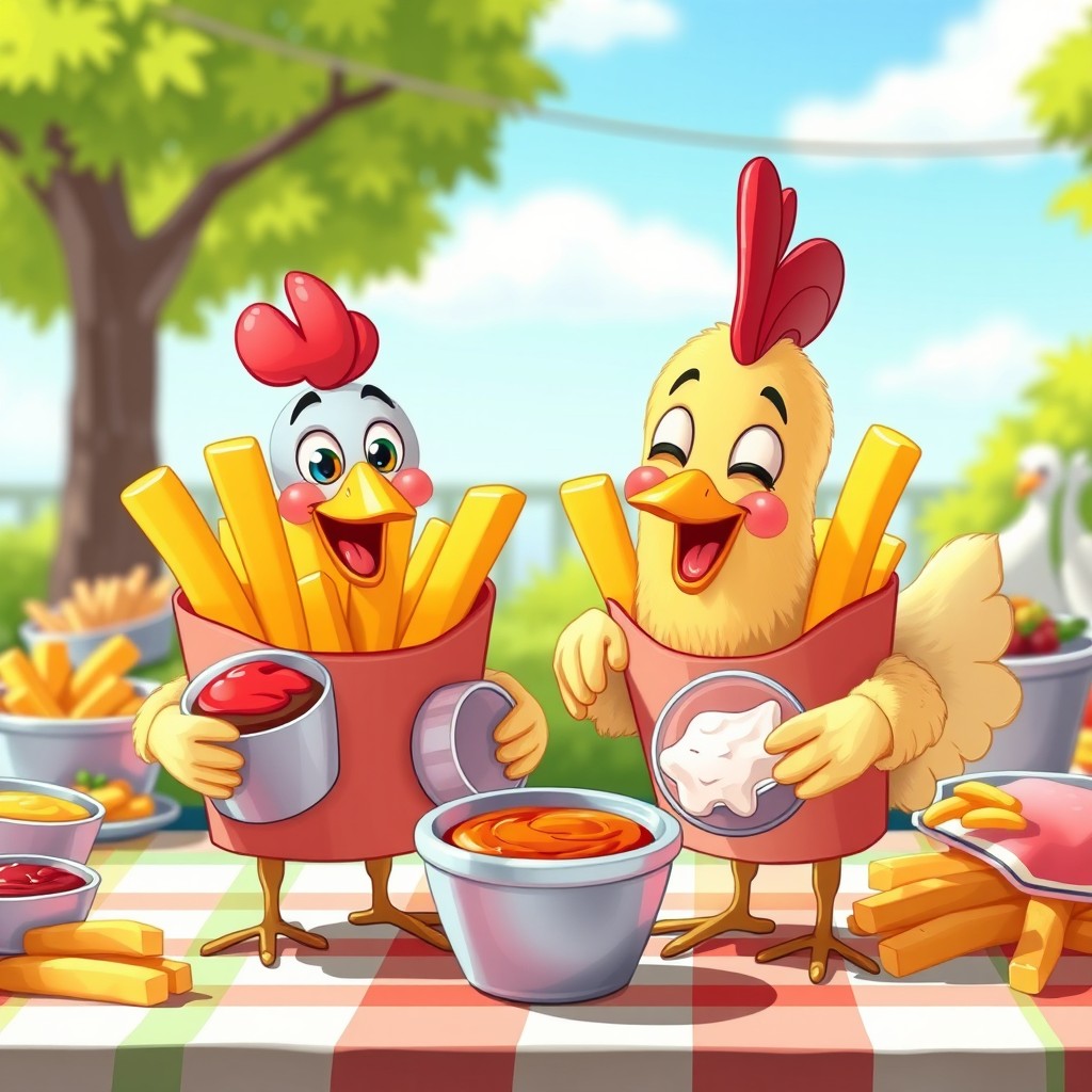 A playful and whimsical scene featuring animated, anthropomorphic French fries happily interacting with a cute cartoon chicken