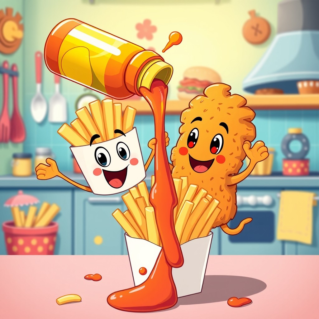 A whimsical and fun illustration of animated French fries, a cartoonish piece of fried chicken, and a vibrant sauce bottle