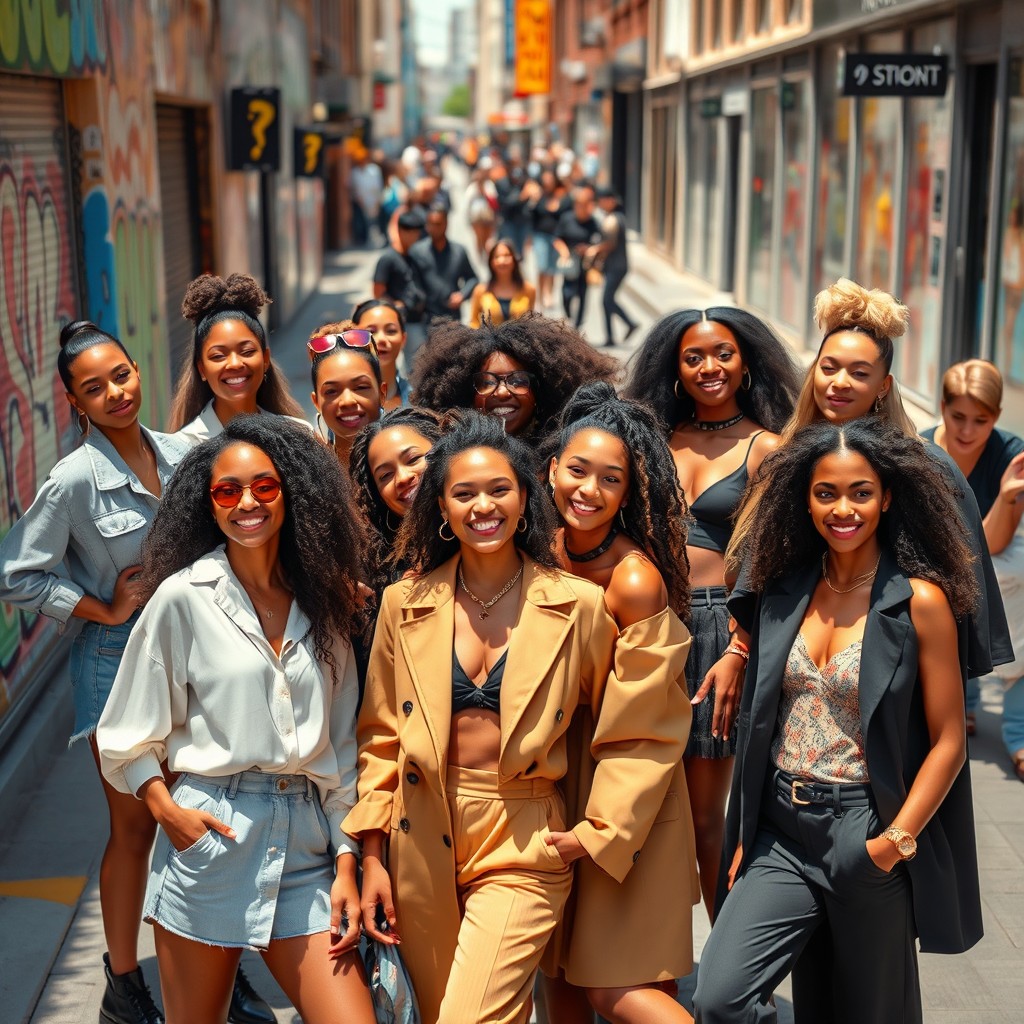 A group of diverse fashion models posing confidently on a vibrant city street, showcasing a variety of outfits from casual to high fashion