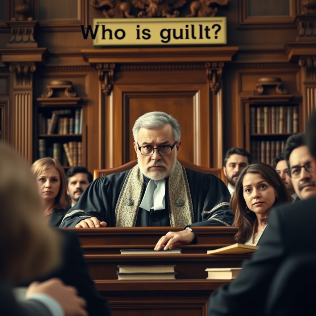 A courtroom scene with a judge looking sternly from the bench, asking the question 'Who is guilty?'