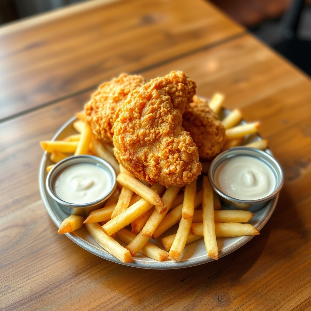 A delicious plate of crispy French fries served with tender, juicy fried chicken