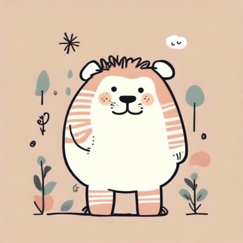 A hand-drawn image showcasing a comically chubby lion in striped socks, surrounded by abstract, organic shapes in a variety of subtle nude tones