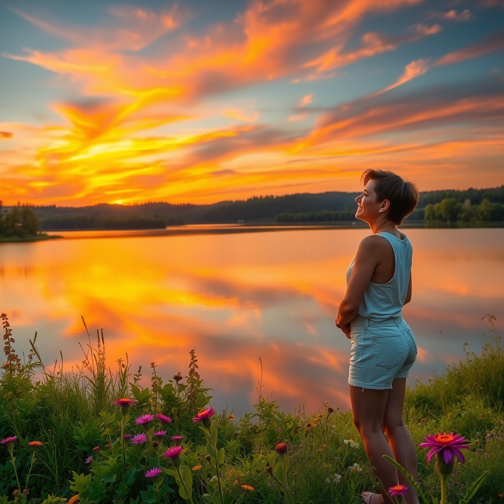 A beautiful outdoor scene featuring a vibrant sunset with an array of colors in the sky above a serene lake