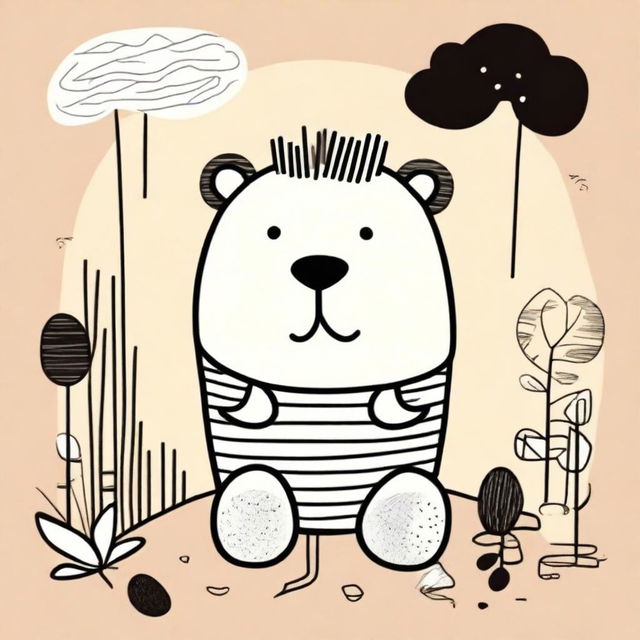 A hand-drawn image showcasing a comically chubby lion in striped socks, surrounded by abstract, organic shapes in a variety of subtle nude tones