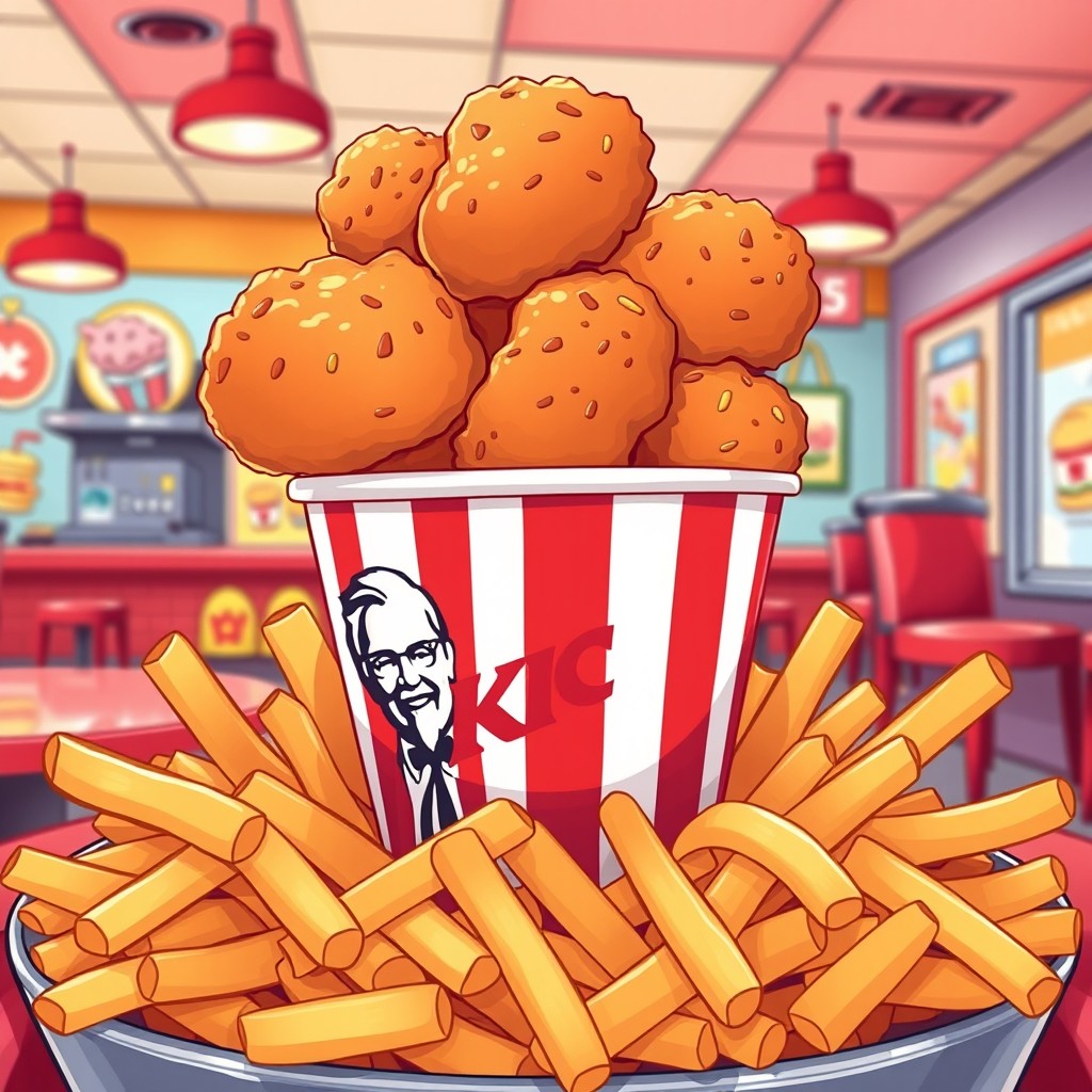 A whimsical illustration of a bucket of KFC chicken sitting atop a large serving of golden French fries