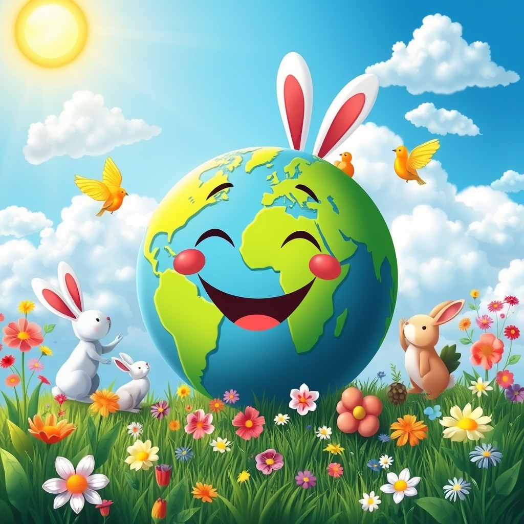 A joyful Earth depicted as a smiling planet, surrounded by vibrant greenery and colorful flowers, with playful animals like rabbits and birds frolicking around