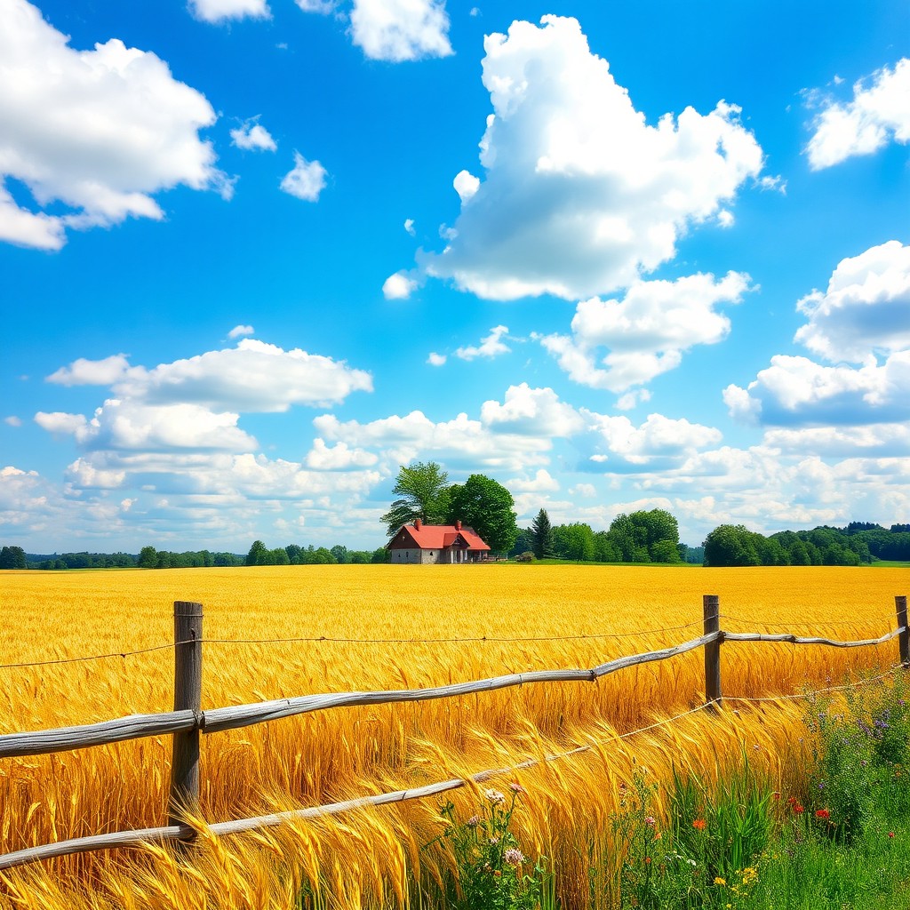 A serene landscape showcasing a vast golden field of wheat swaying gently in the breeze under a bright blue sky dotted with fluffy white clouds