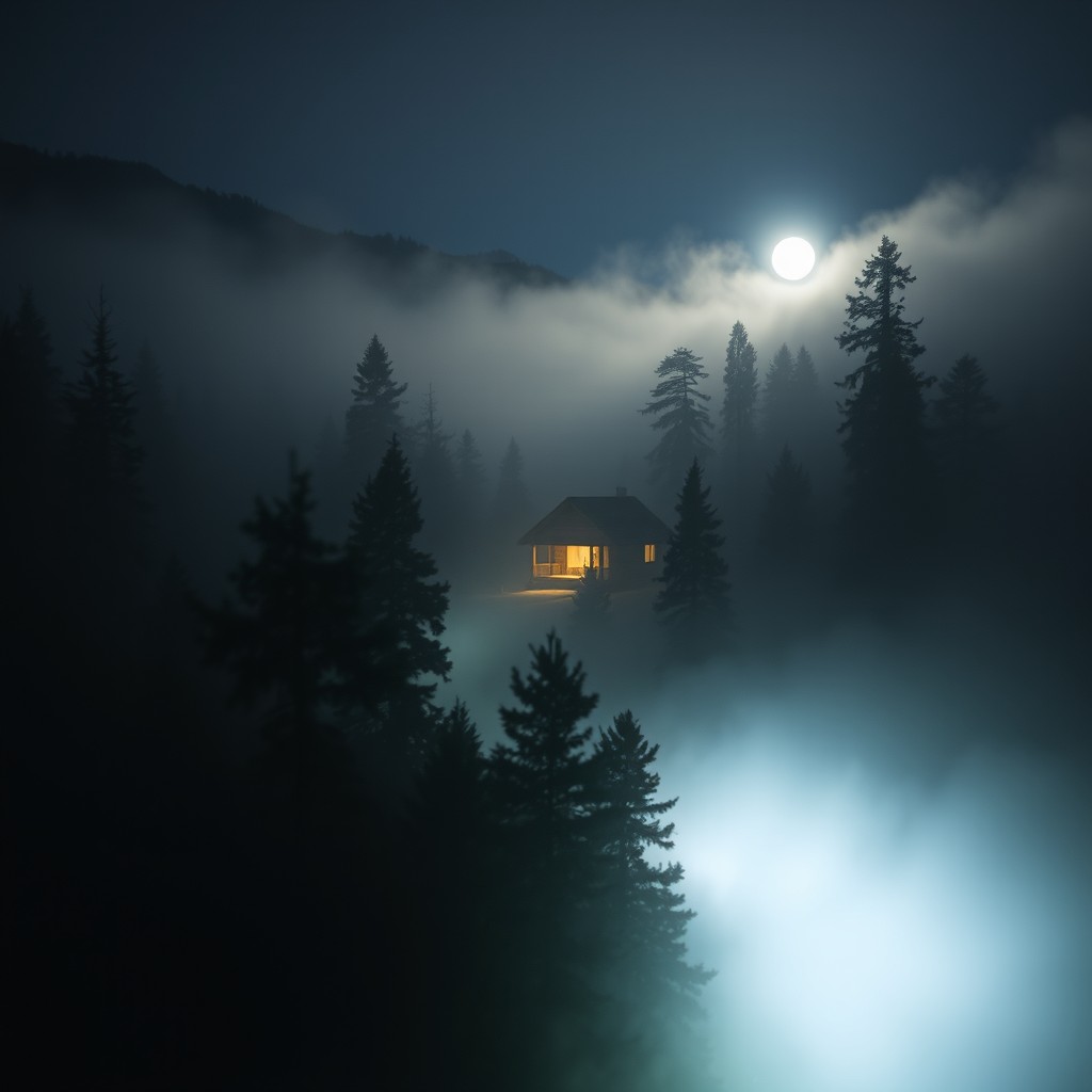 A side aerial view of a car traveling through a dense forest at night, surrounded by thick fog that enhances the mysterious atmosphere of nature