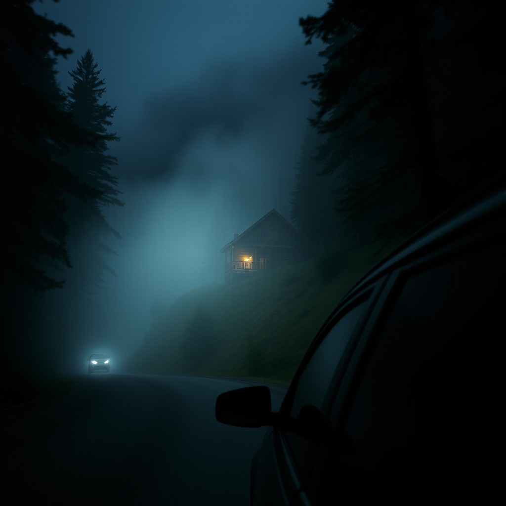 A car traveling through a dense forest at night, shrouded in thick fog, creating a mysterious atmosphere