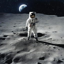 A man standing on the moon's surface, holding a miniature version of Earth in his hands, surrounded by the vast expanse of the cosmos.