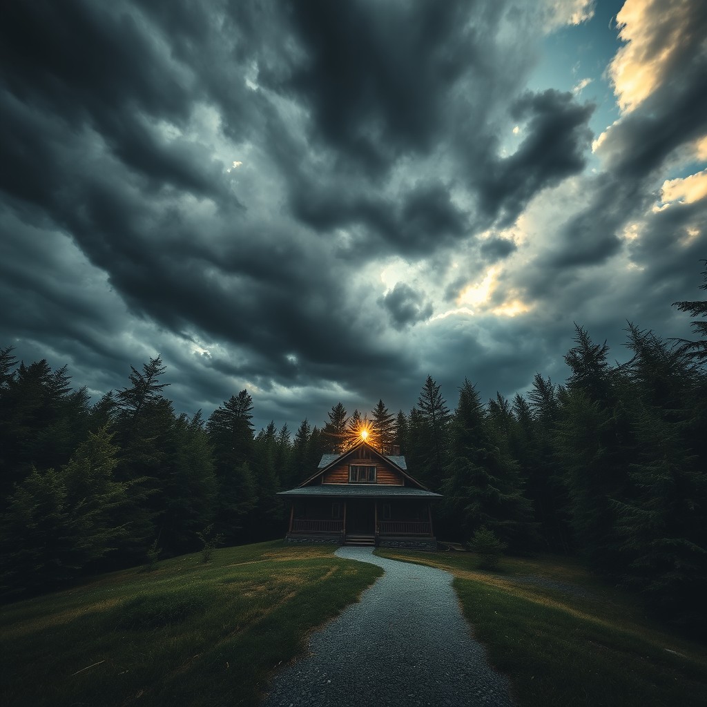 A remote wooden chalet surrounded by dense summer forest under a vast, dramatic sky