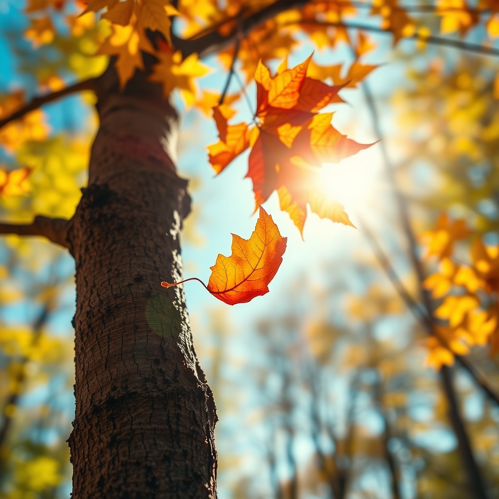 A metaphorical representation of freedom and rebellion, depicted as a vibrant autumn leaf breaking away from a tree branch to dance joyfully in the air