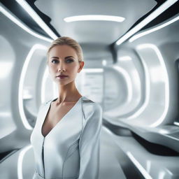 A woman situated in a sleek, modern interior designed with futuristic elements and advanced technology.