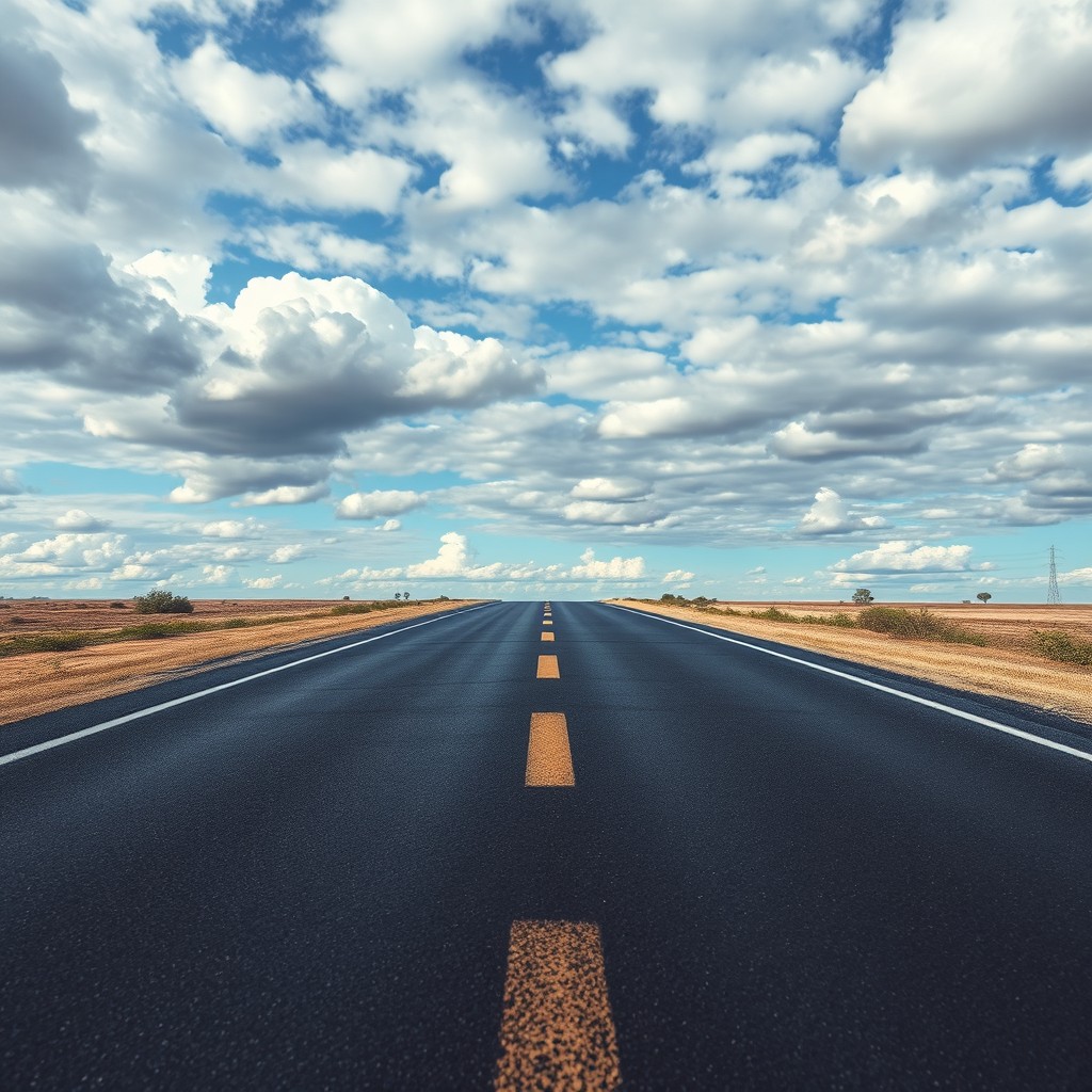 A vivid landscape featuring a stretch of asphalt road extending all the way to the bottom of the screen, creating a feeling of perspective and depth