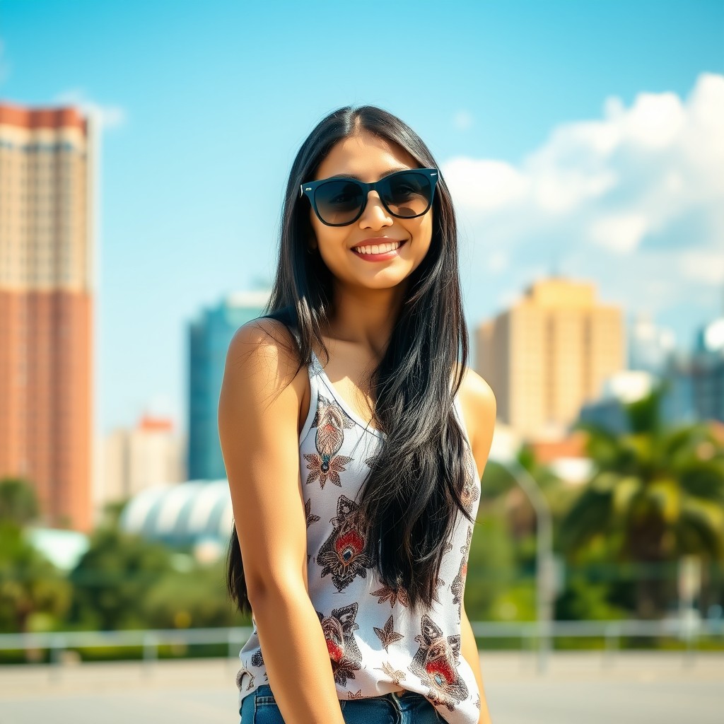 A beautiful Asian woman wearing a stylish tank top, standing outdoors with a vibrant cityscape in the background