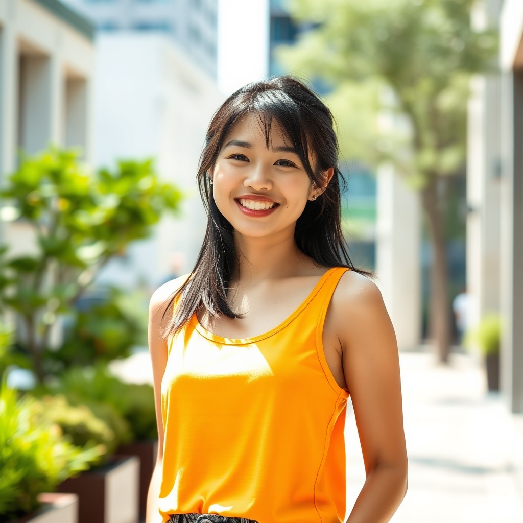 A young Asian woman wearing a stylish tank top, standing confidently in a bright urban environment