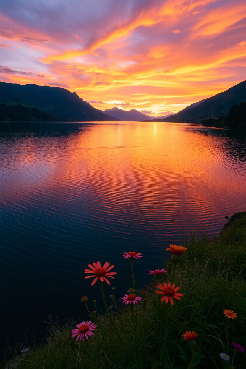 A stunning landscape photograph featuring a mesmerizing sunset over a tranquil lake, surrounded by lush green mountains