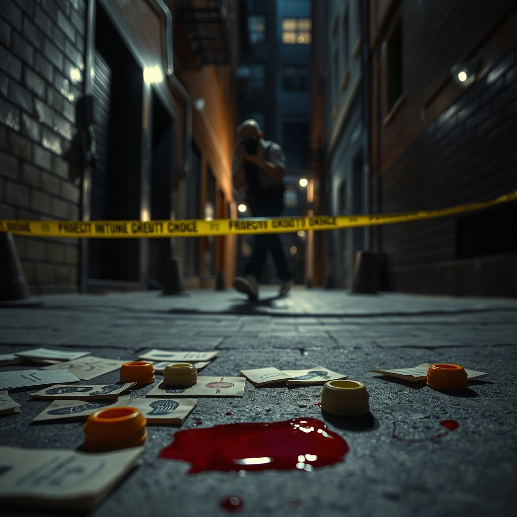 A detailed forensic photography scene depicting a crime scene investigation in a dimly lit urban alley