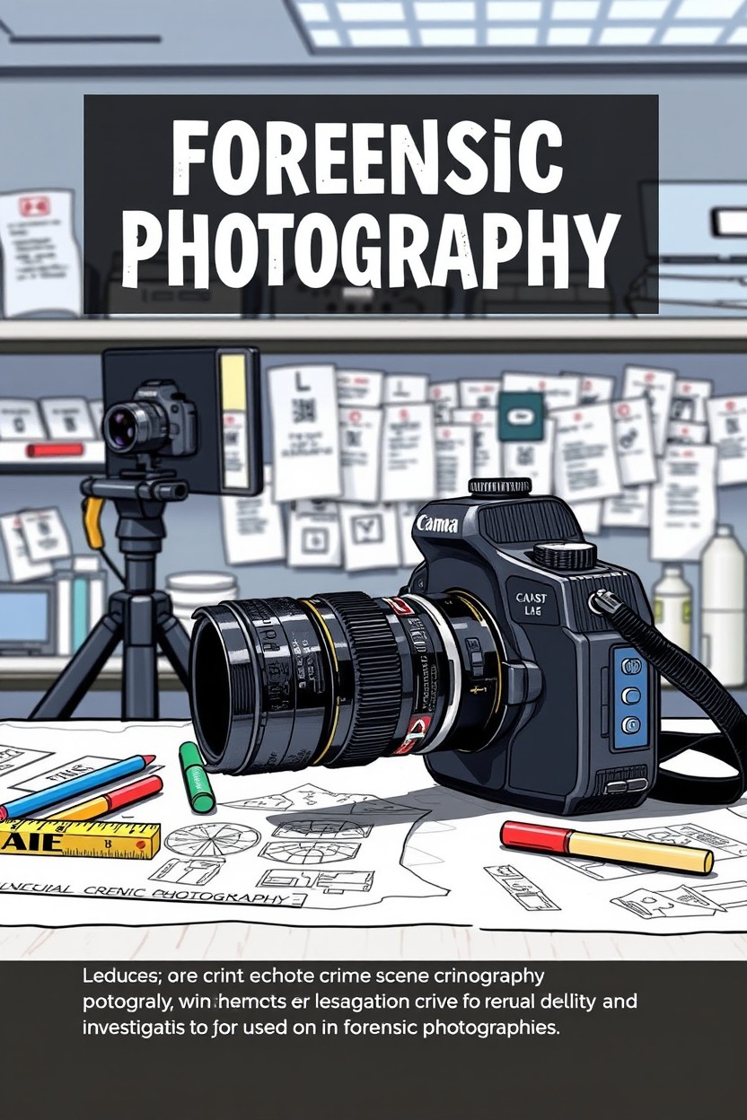 An instructional and detailed manual cover for forensic photography, depicting a camera setup in a forensic lab, with tools like rulers, markers, and flashlights on a table
