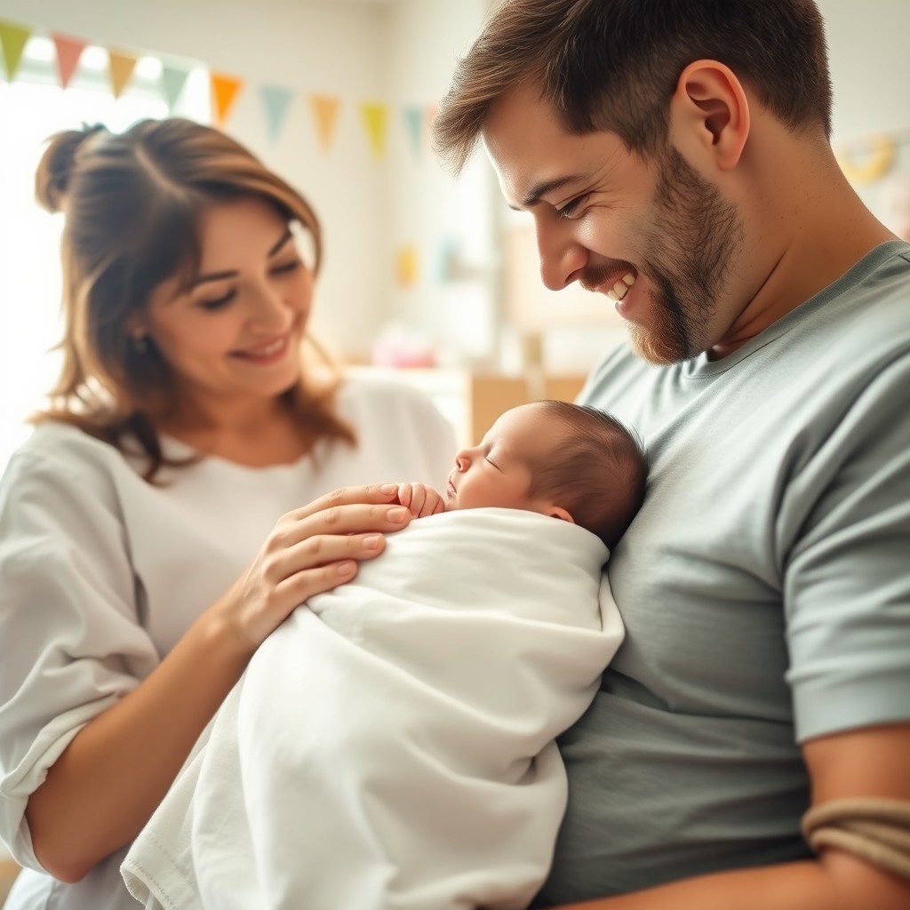 A newborn baby swaddled in a soft blanket, peacefully resting in their parents' arms in a brightly lit hospital room