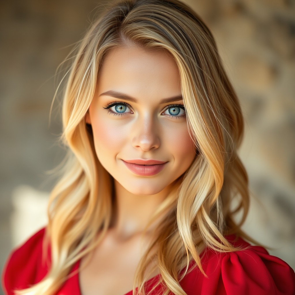 A stunning close-up portrait of a gorgeous petite blonde woman wearing a stylish little red dress