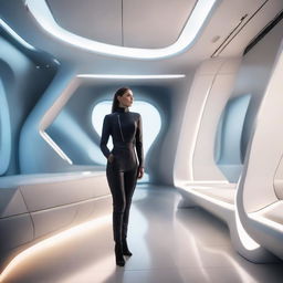 A woman situated in a sleek, modern interior designed with futuristic elements and advanced technology.