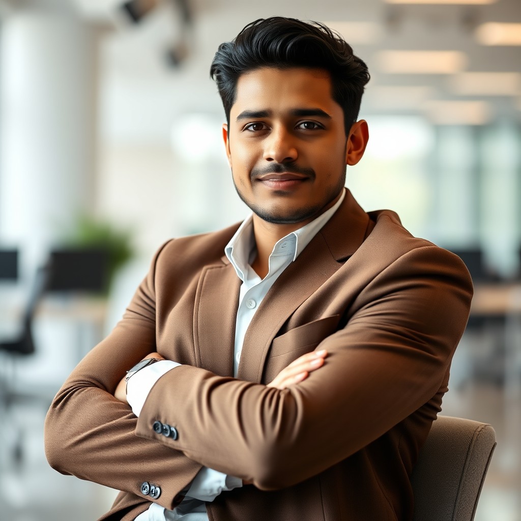 A confident individual sitting with crossed arms, dressed in a stylish brown suit and a crisp white long-sleeve shirt