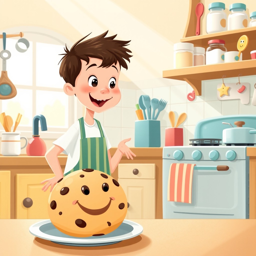 A whimsical and charming illustration for a children's book depicting a little boy with bright, curious eyes standing in a cozy kitchen