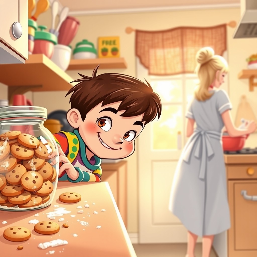 A playful and engaging illustration for a children's book showing a little boy with mischievous eyes sneaking into the kitchen