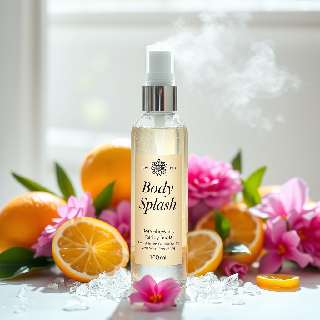 A refreshing and enticing body splash product display, featuring a beautifully designed spray bottle with a sleek and modern look, surrounded by vibrant fruit elements like citrus slices (lemons and oranges), fresh floral accents, and a light mist in the air suggesting a refreshing aroma
