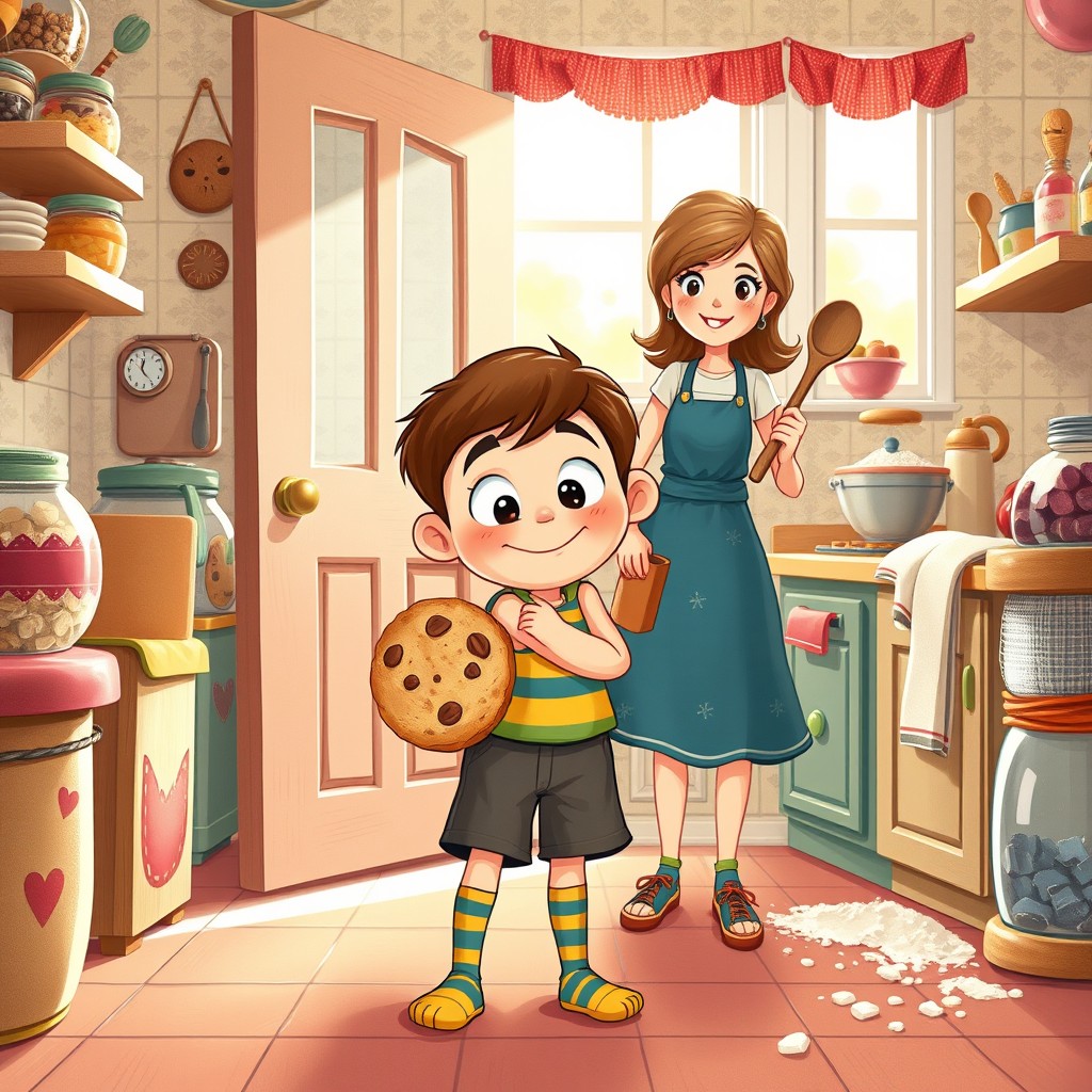 A delightful and humorous illustration for a children's book, capturing a playful moment where a mother discovers her little boy in a sneaky situation