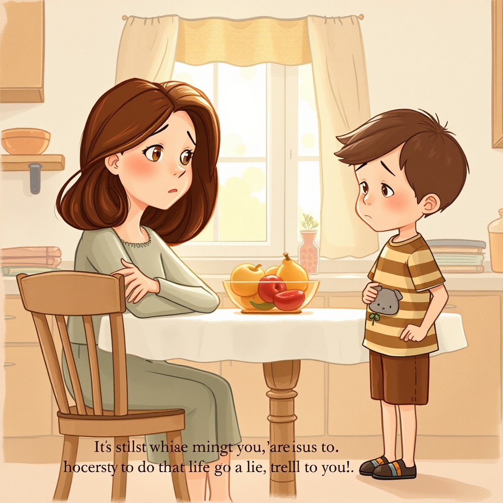 A touching and heartfelt illustration for a children's book, depicting a scene where a mother with beautiful brown hair is sitting at the kitchen table, looking sad and disappointed