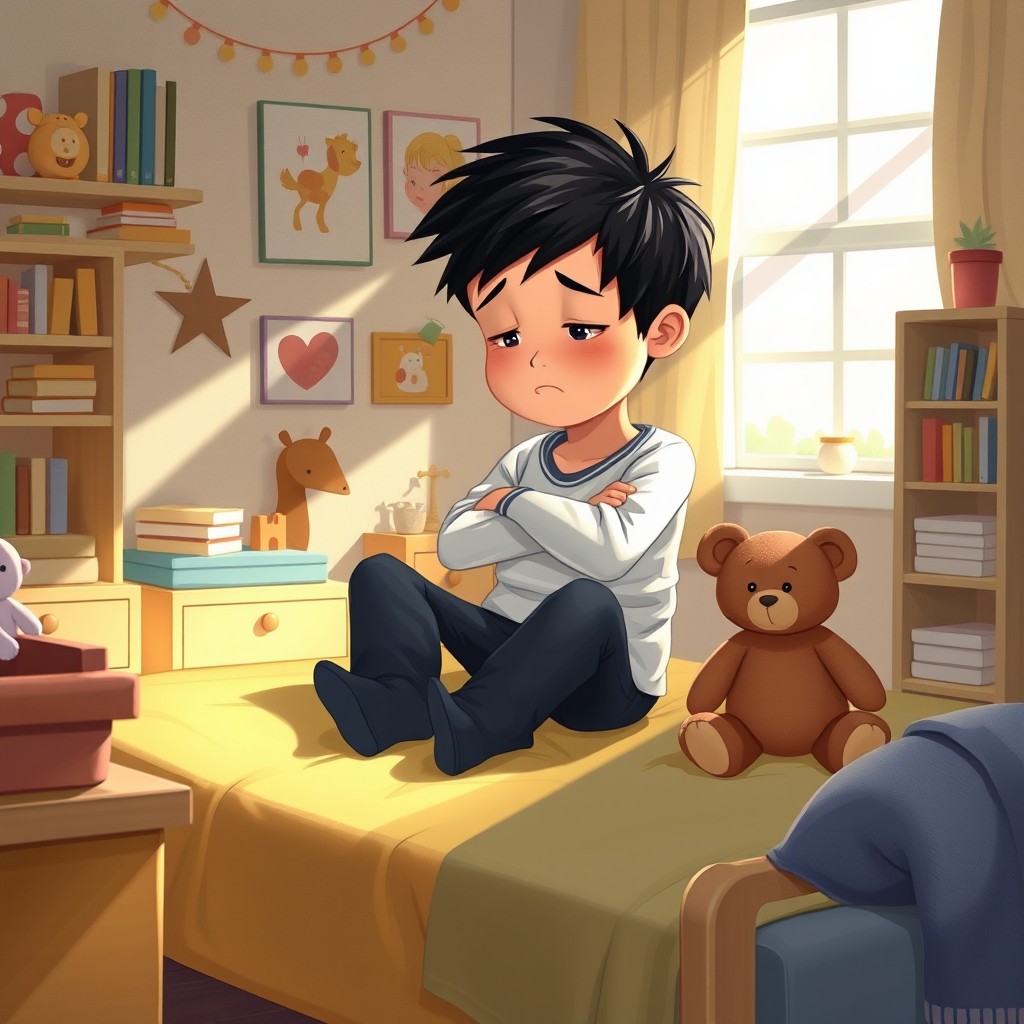 A poignant illustration for a children's book depicting a little boy with black hair sitting alone in his cozy bedroom
