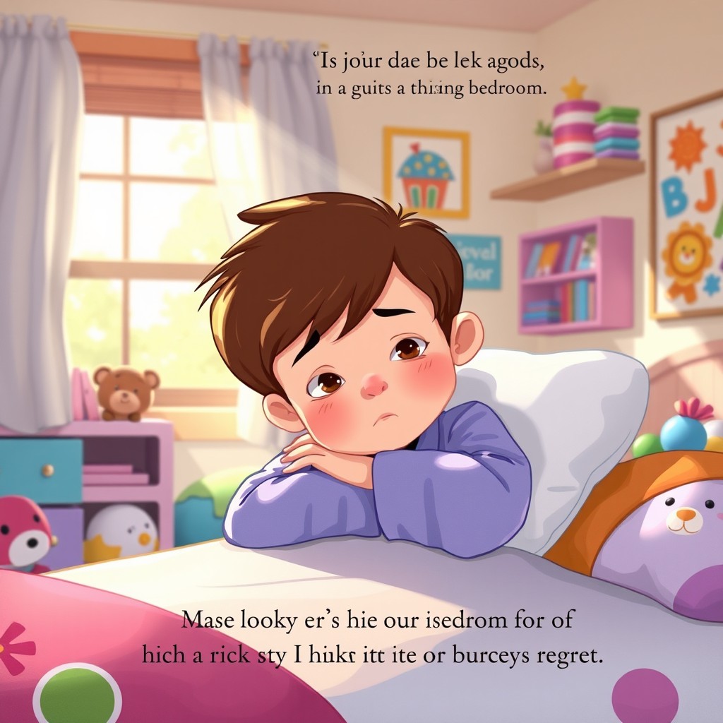 A touching illustration for a children's book showing a little boy with brown hair sitting alone in his colorful bedroom