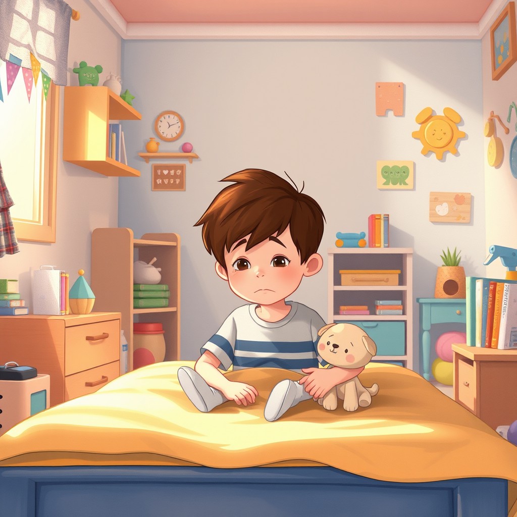 A heartfelt illustration for a children's book featuring a little boy with brown hair sitting alone in his vibrant kids' room