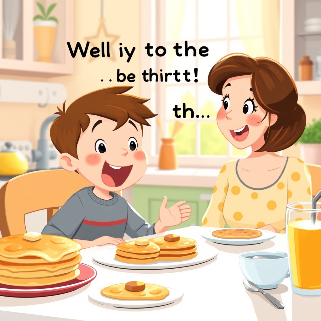 A warm and engaging illustration for a children's book featuring a little boy with brown hair sitting at the breakfast table with his brown-haired mom
