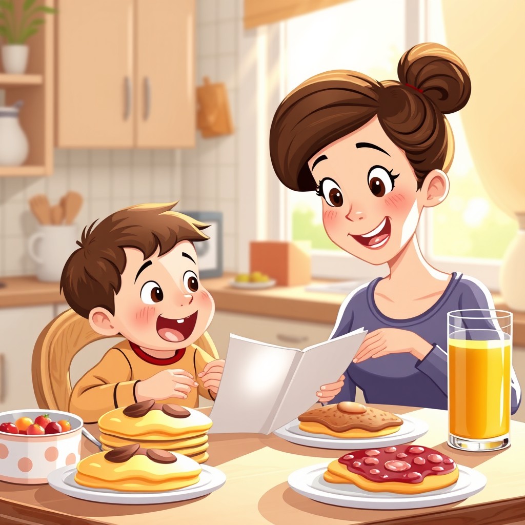 A delightful illustration for a children's book depicting a little boy with brown hair having breakfast with his brown-haired mom
