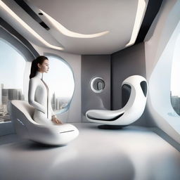 A woman situated in a sleek, modern interior designed with futuristic elements and advanced technology.